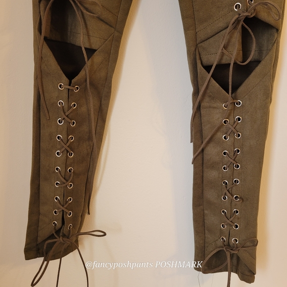 Cotton blend brushed legging pants hidden zipper coset gromet sage green vegan - Picture 14 of 17